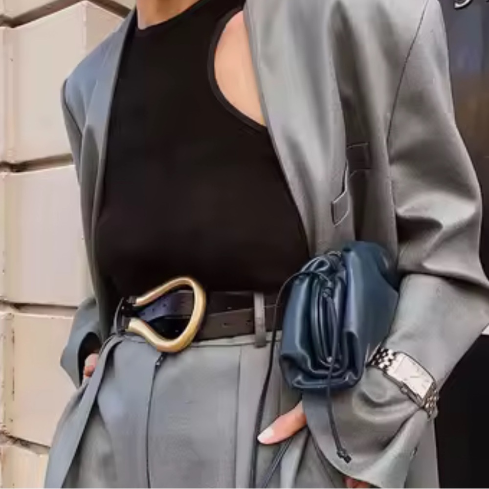 Black Vegan Leather Belt with Gold Tone Curved Buckle